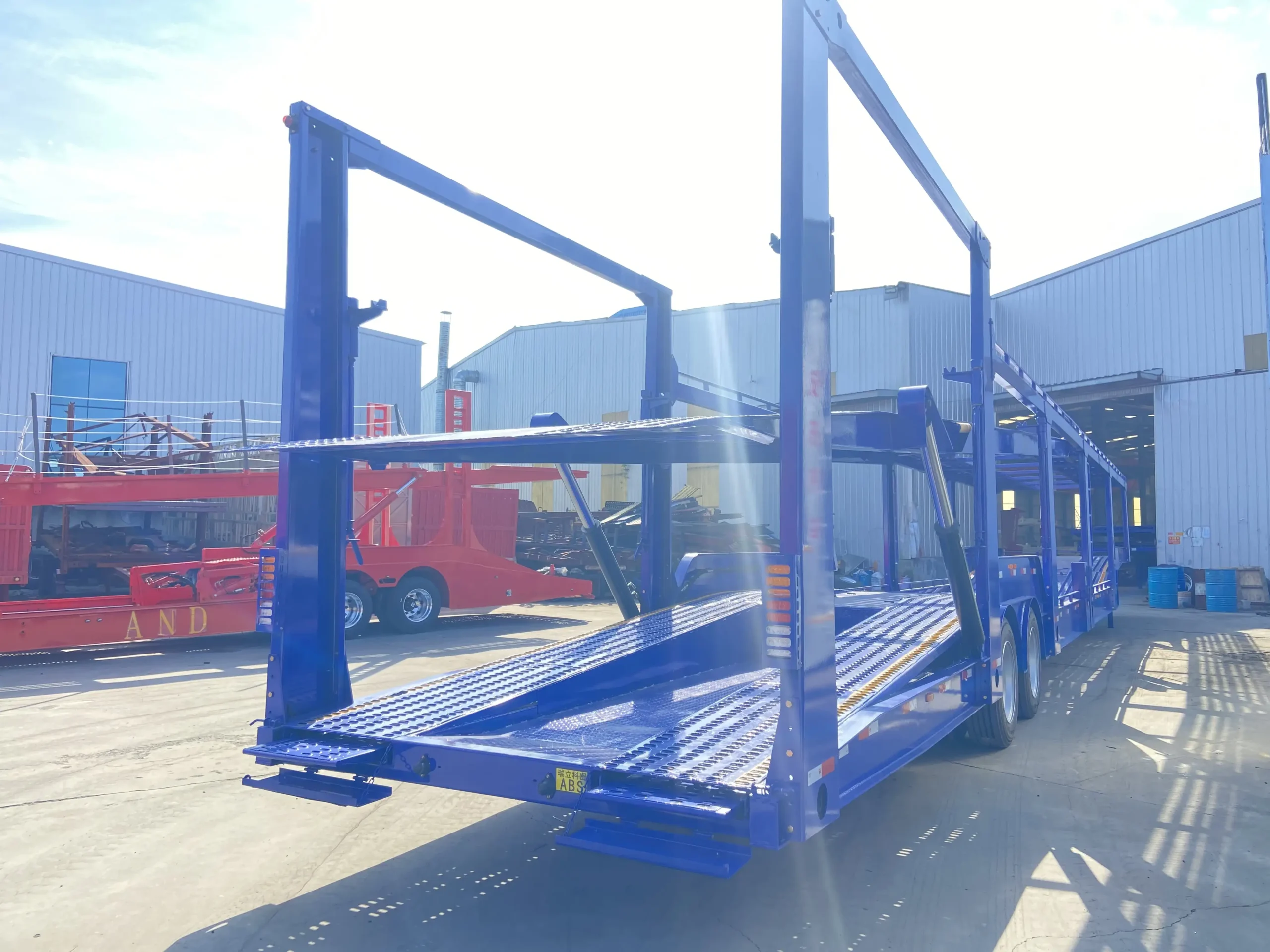Rear view of two-axle car carrier trailer