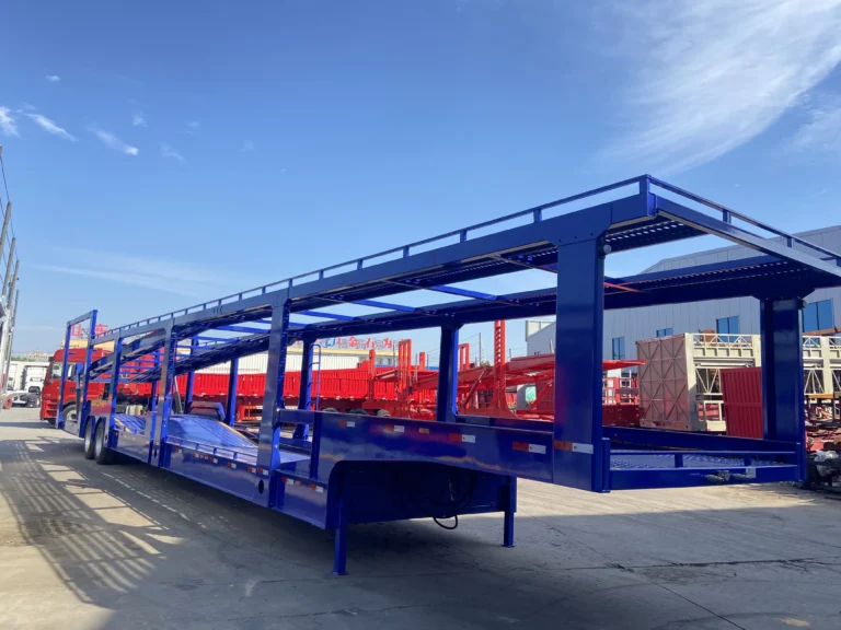 Blue double-deck car carrier semi-trailer