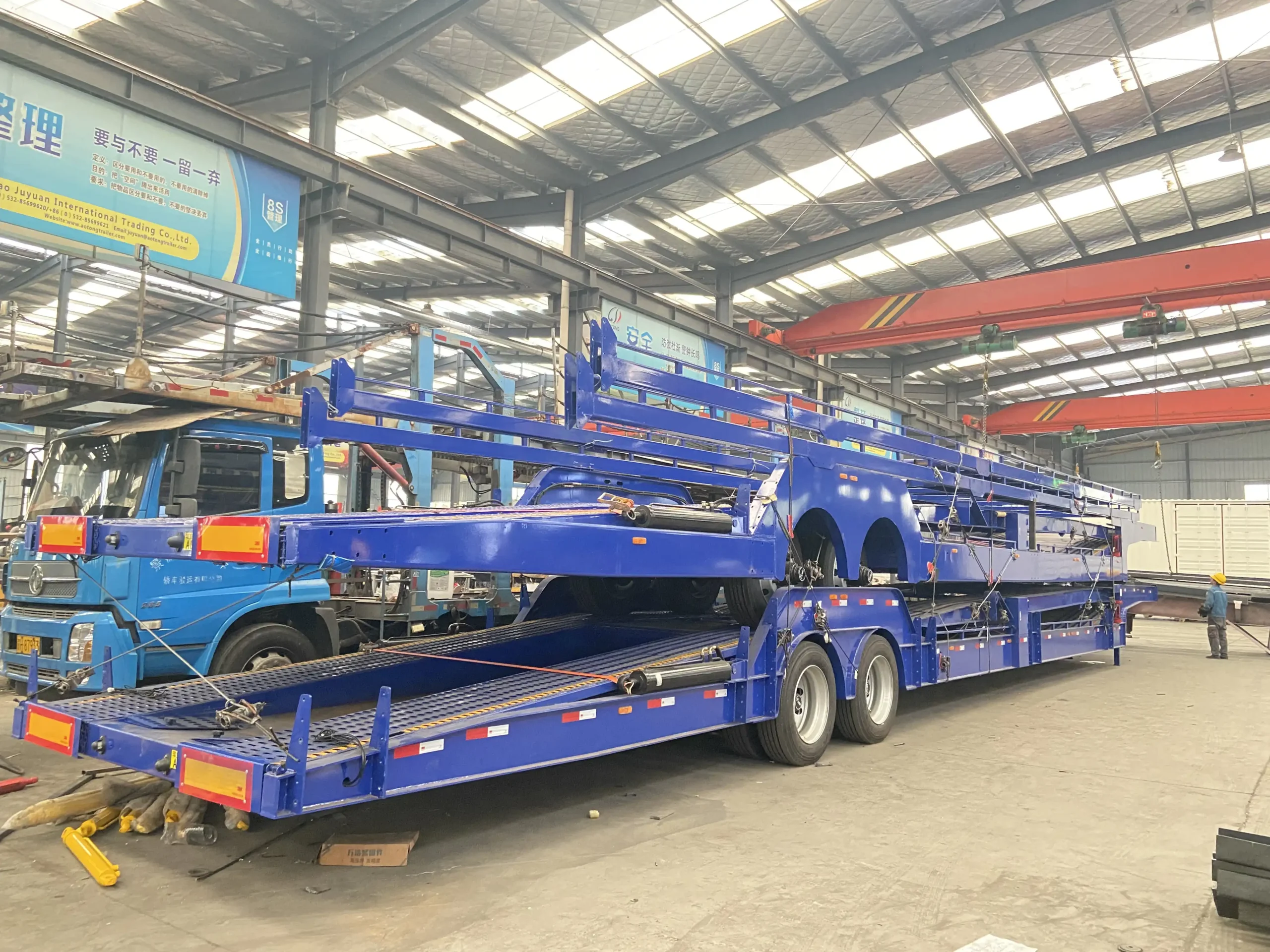 Factory dimensional check on car carrier semi-trailer