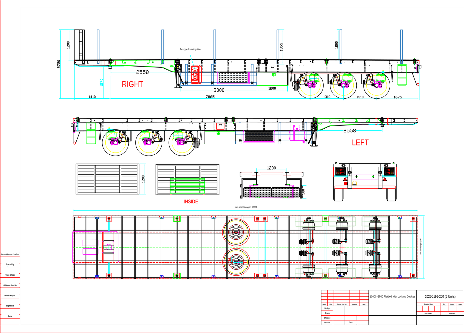 Three-axle flatbed semi trailer engineering drawing with deck and container-lock layout