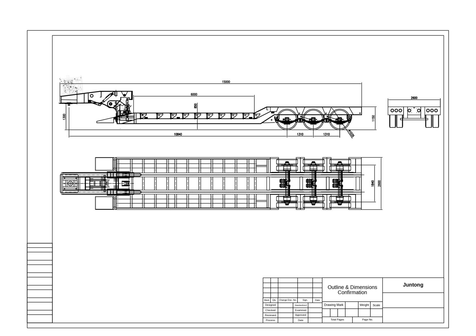 Side and top drawing of a 15-metre three-axle detachable gooseneck lowbed trailer