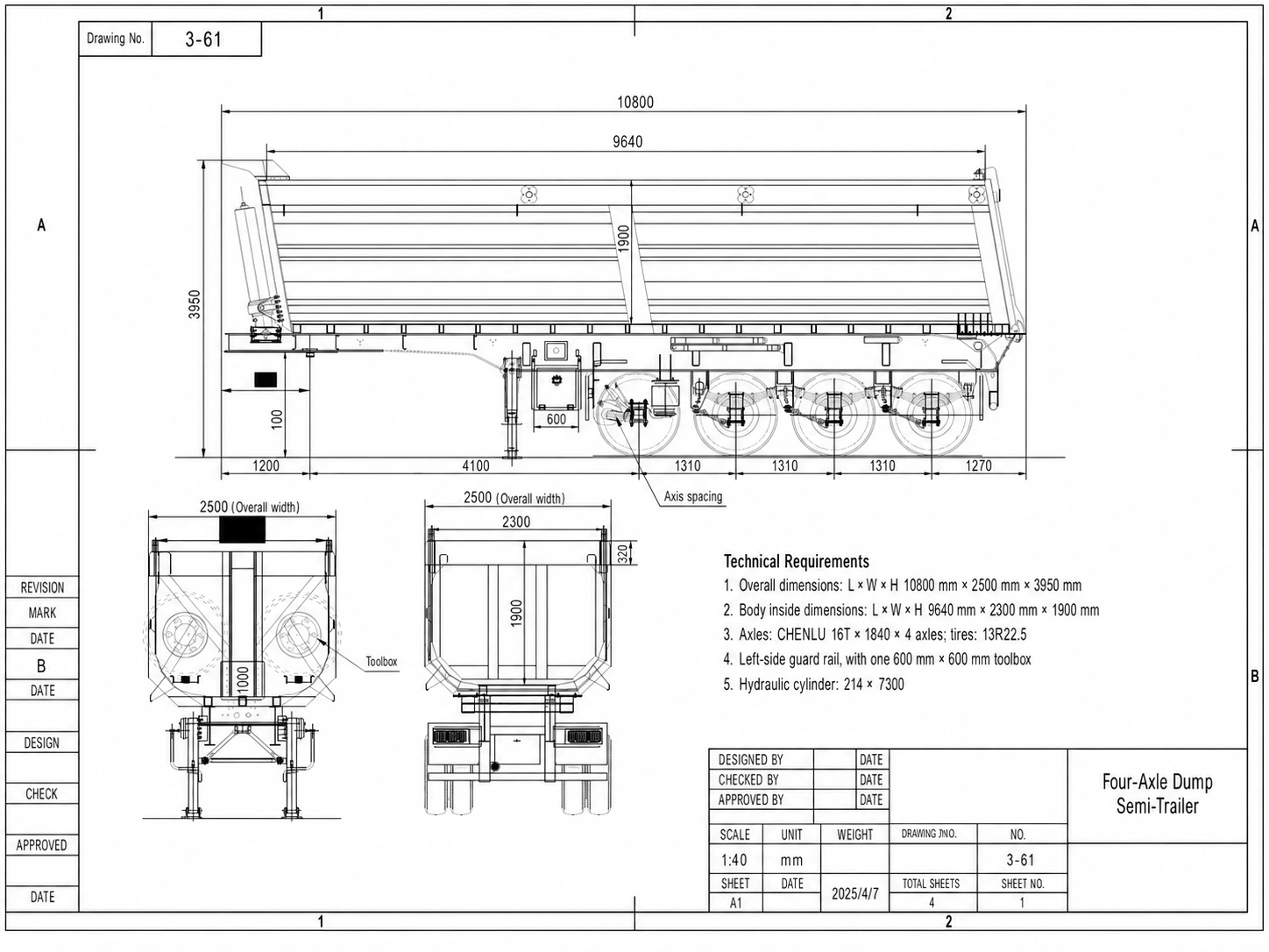 Front hydraulic lift cylinder and rear discharge architecture on dump trailer