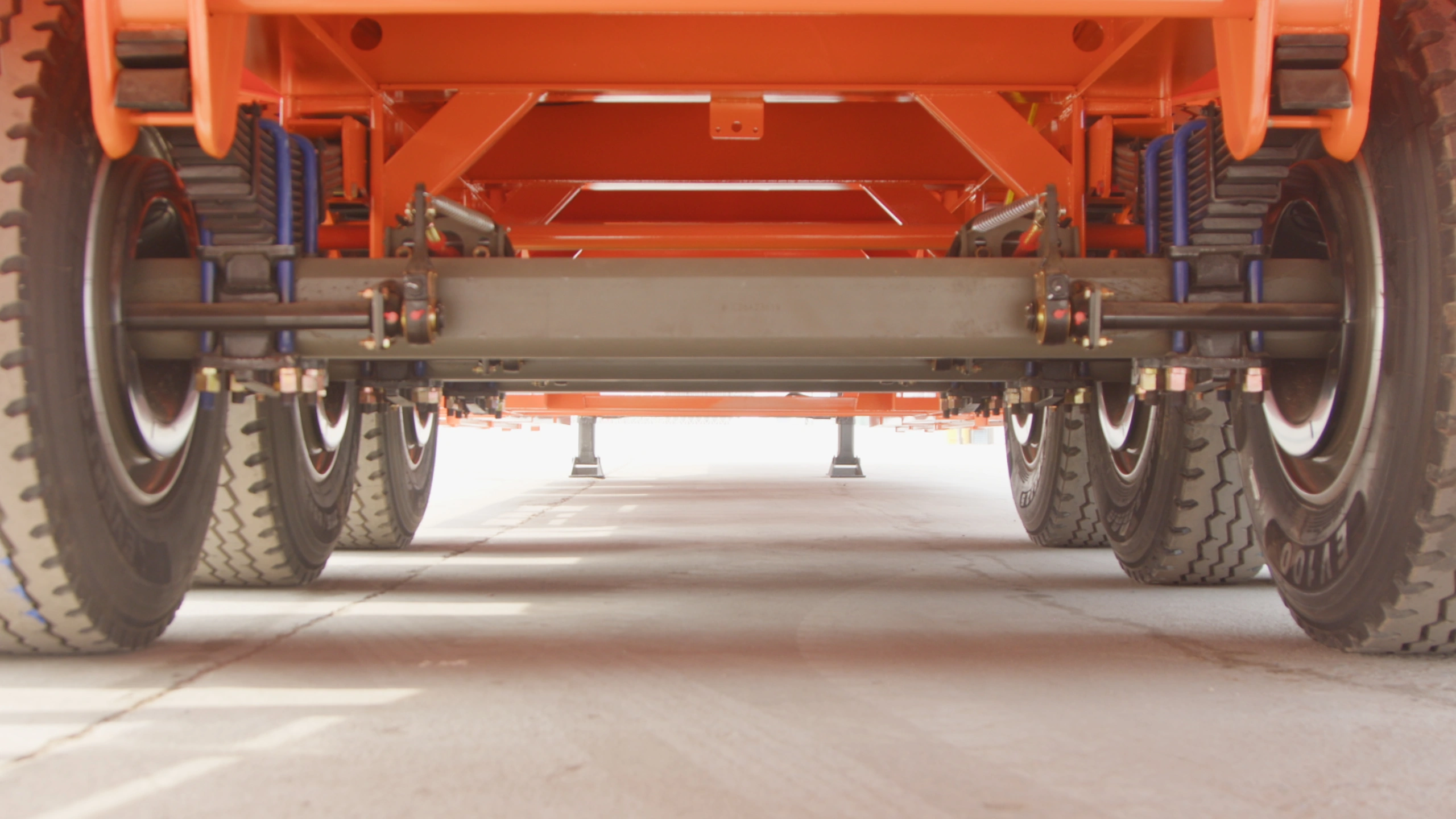 Chassis detail of the three-axle lowbed semi trailer
