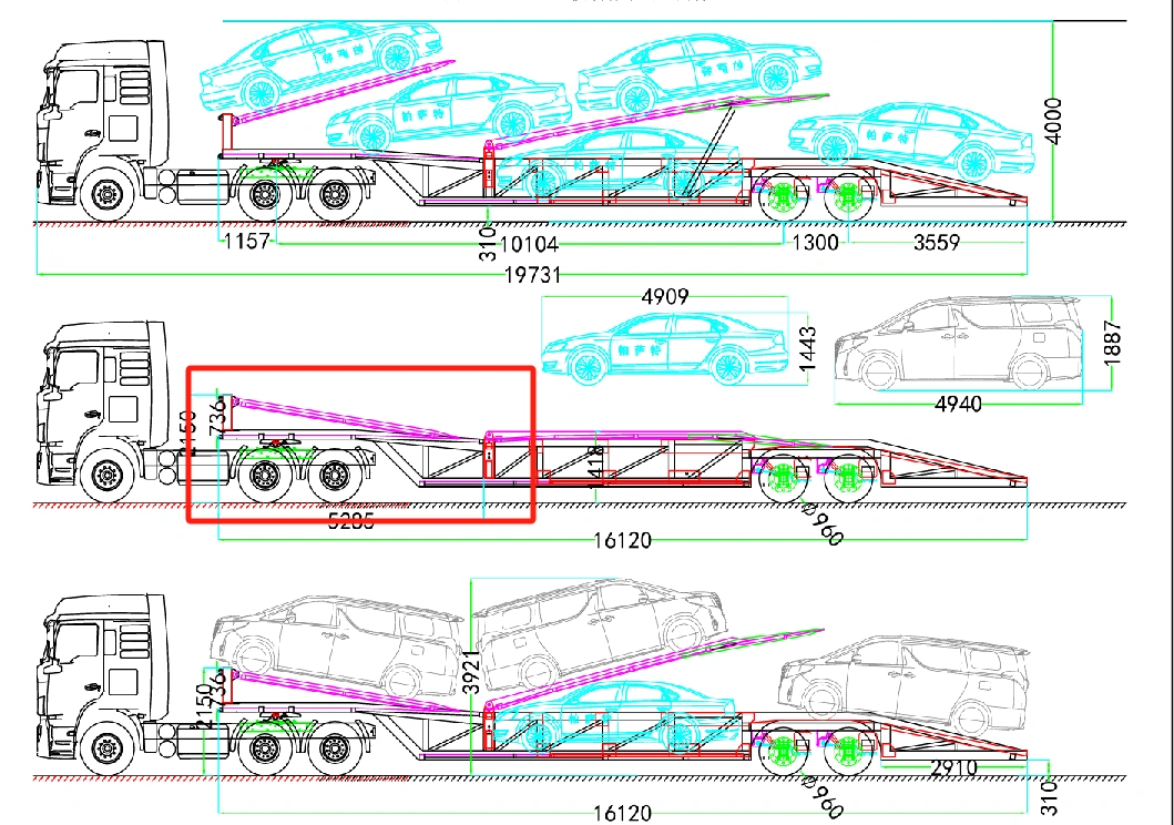 Two-axle car carrier drawing showing side views, deck positions and sedan and SUV loading layouts