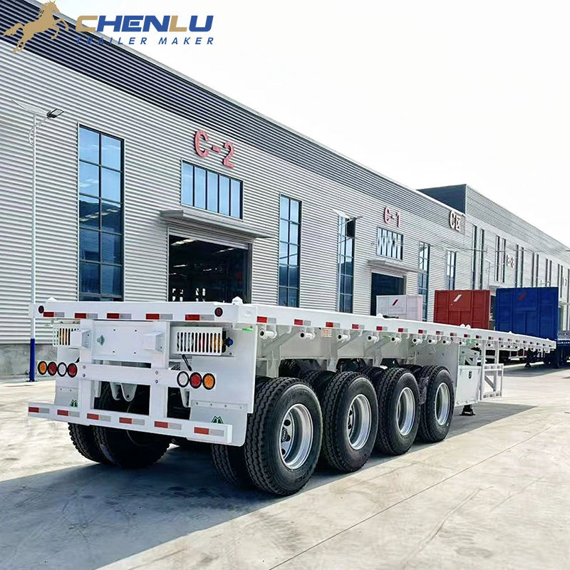 Rear view of 4 axle flatbed semi trailer