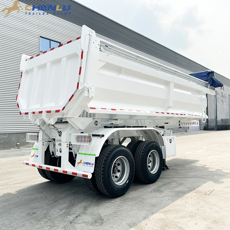 Full side profile of two axle end dump semi trailer
