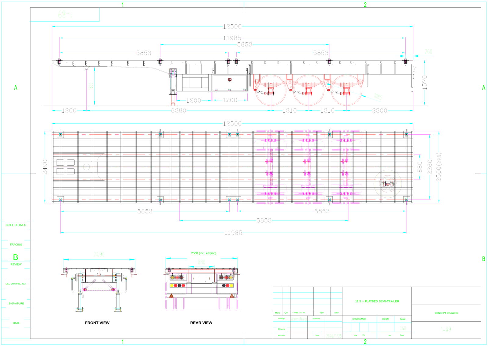 Drawing No. 3-140-141 for a 12.5m 3 axle flatbed semi trailer