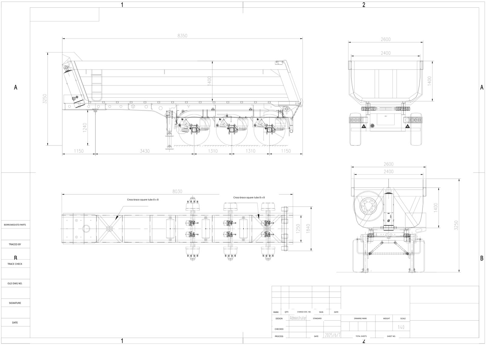 Three-axle rear tipper semi trailer engineering drawing with body and axle references