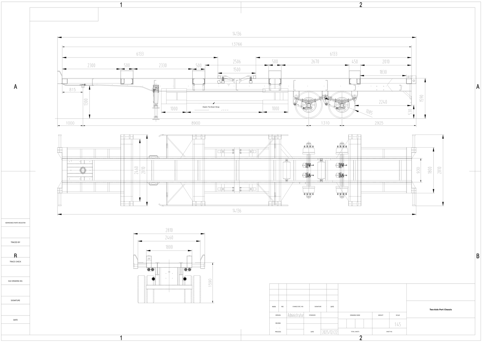 12.5m 2 axle 40ft skeleton semi trailer general arrangement drawing