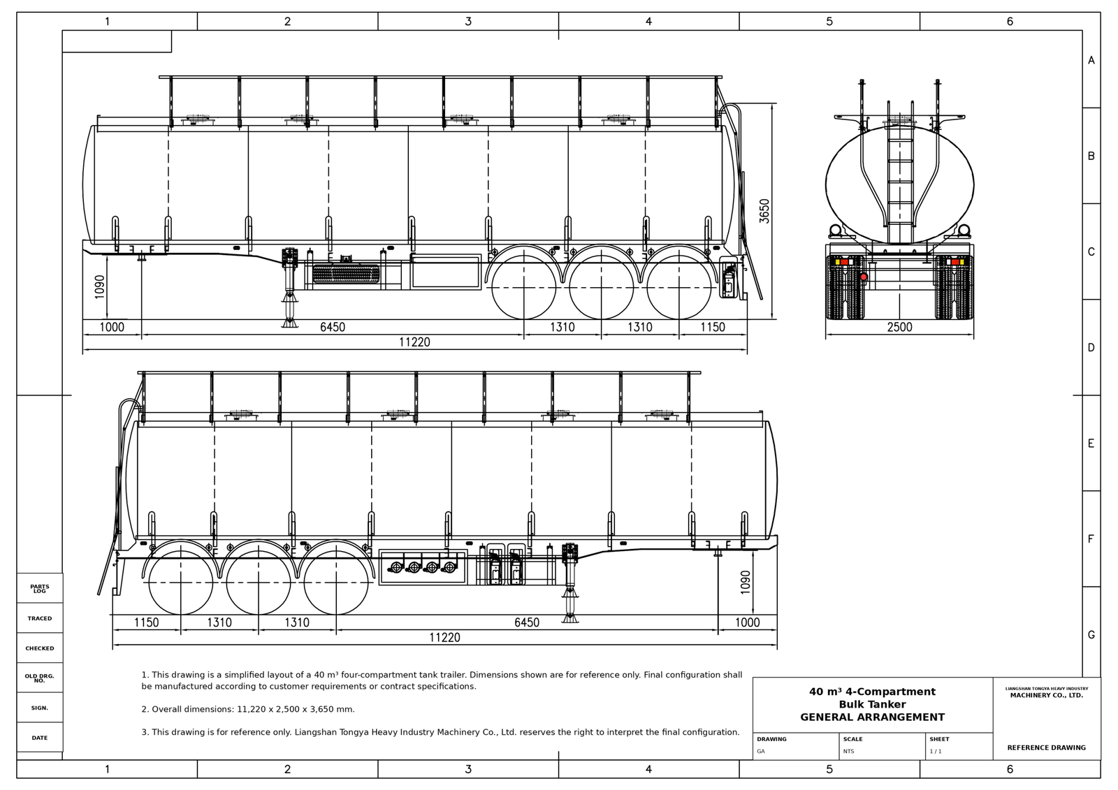 General arrangement drawing of a three axle fuel tanker trailer with reference overall dimensions