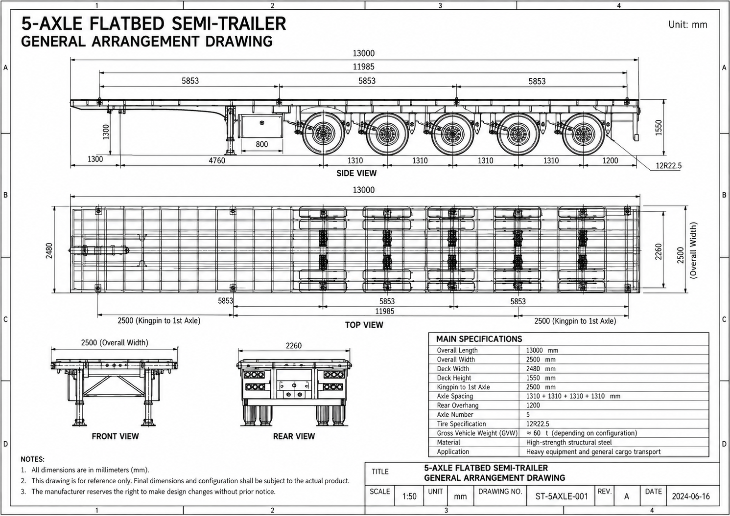 13 metre five axle flatbed semi trailer drawing with overall dimensions