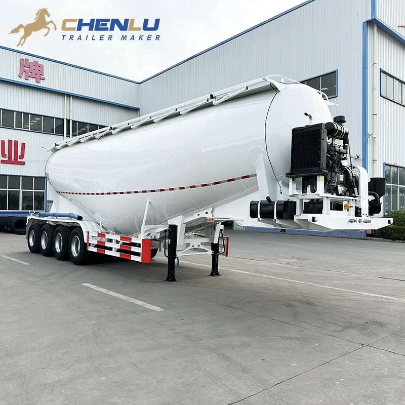White four-axle cement tanker with a front equipment platform and canopy