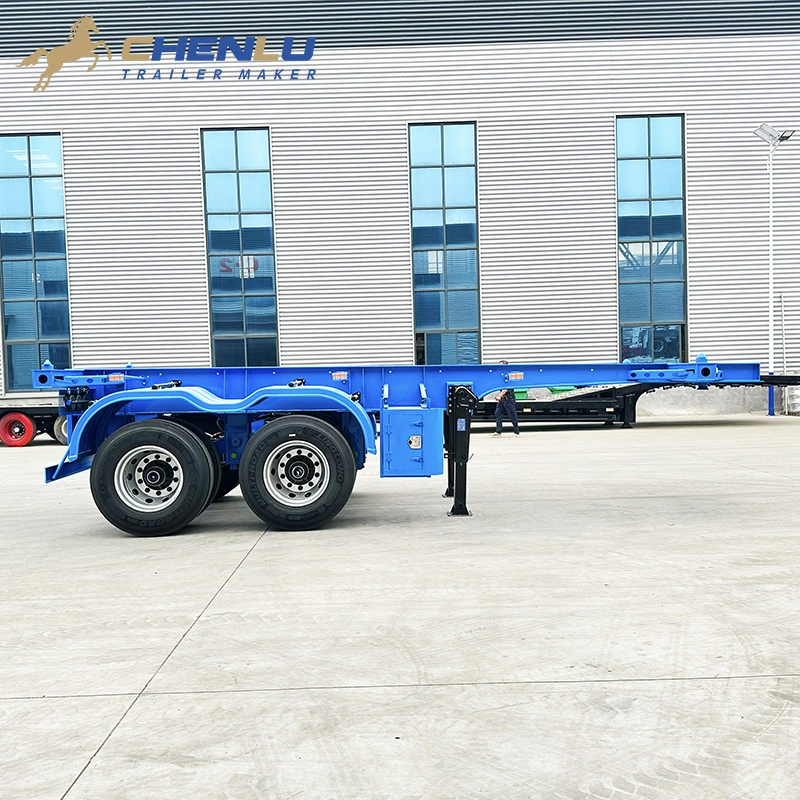 Side view of a 20ft skeleton semi trailer with a toolbox and landing leg