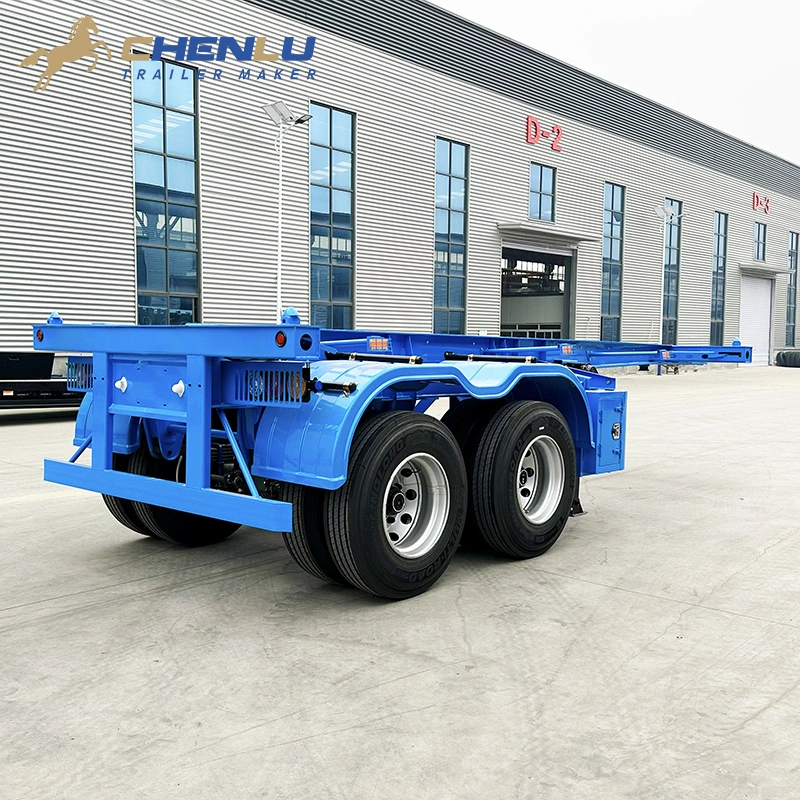 Two-axle skeleton trailer viewed along the chassis from the rear