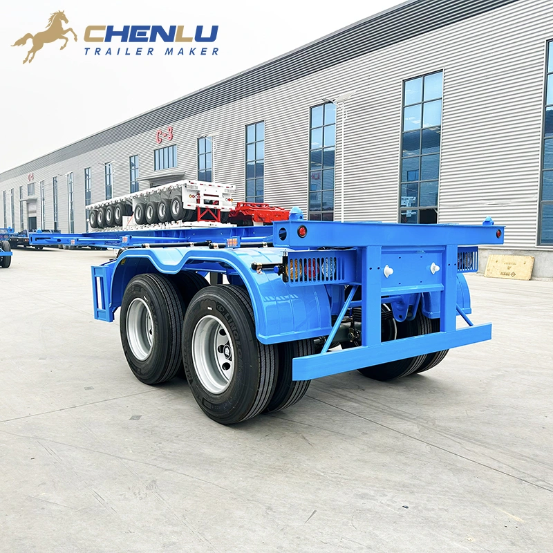 Blue 20ft skeleton semi trailer viewed from the rear corner