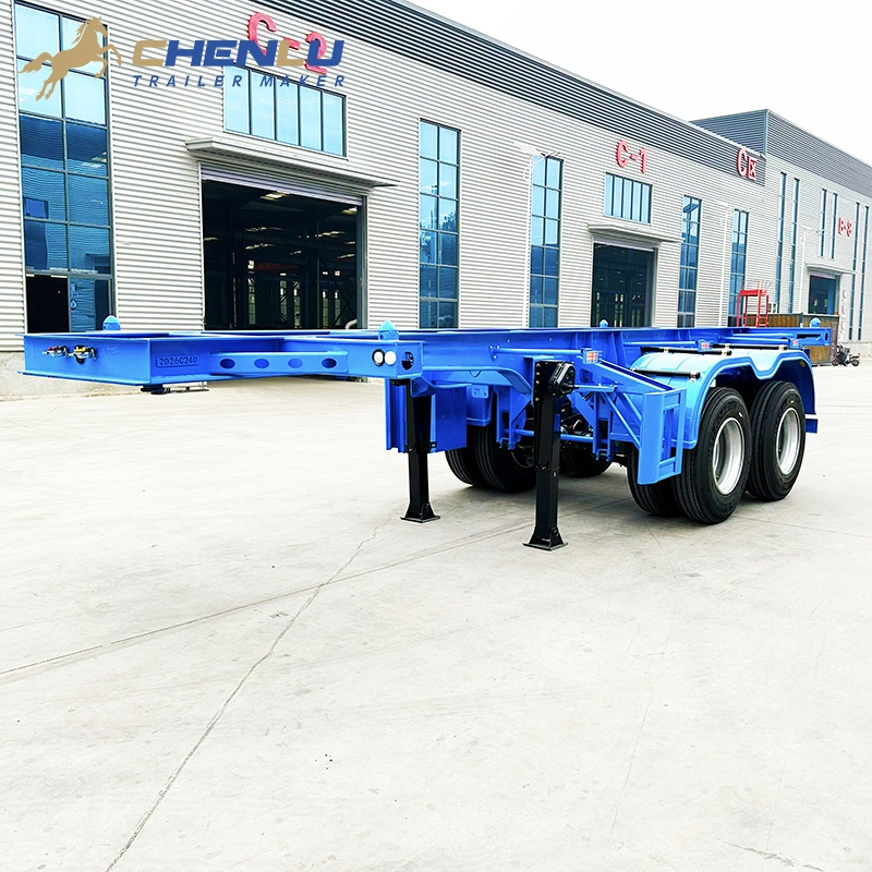 Rear quarter view of the two-axle 20ft skeleton semi trailer and its container support beams