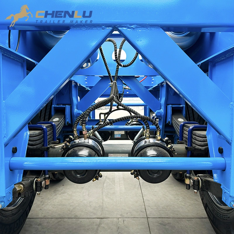 Mechanical leaf springs and air brake chambers on the two-axle skeleton semi trailer