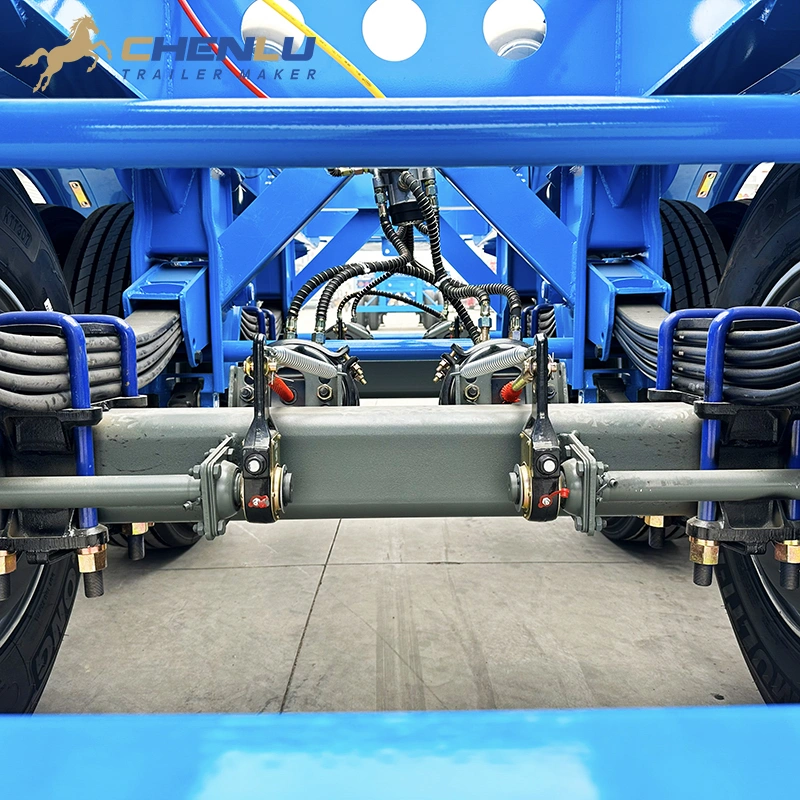 Two rear axles with dual wheels on the skeleton semi trailer