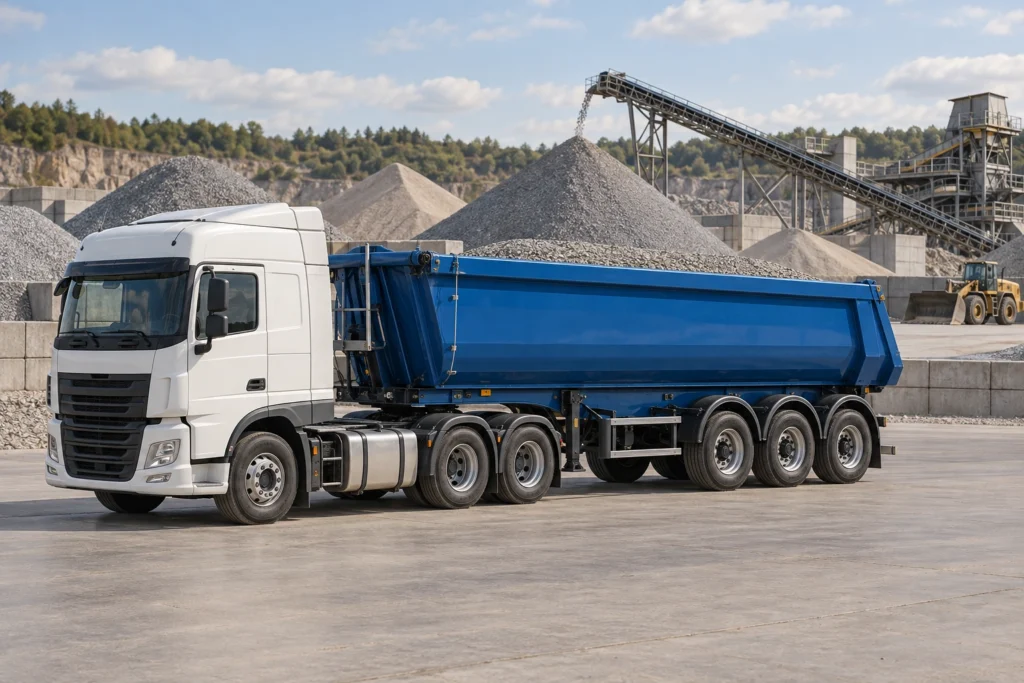 Tipper semi-trailer carrying aggregate at a quarry