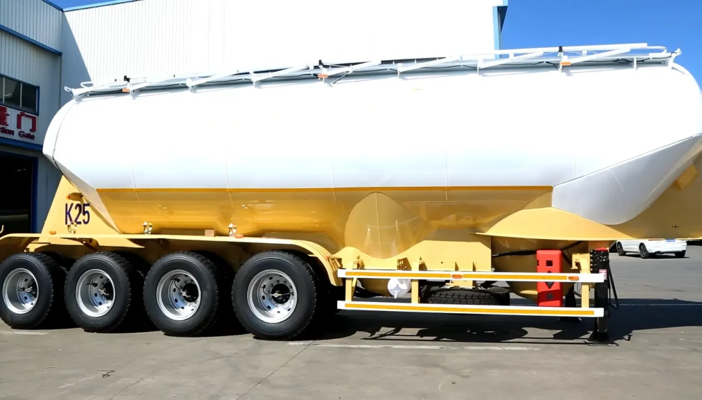 White powder tanker body above a yellow chassis and four rear axles