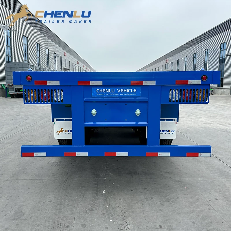 Rear frame and underrun bar on the blue flatbed trailer