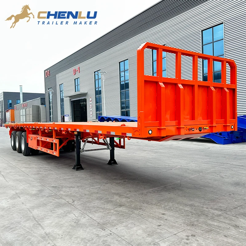 Orange CHENLU three-axle flatbed semi-trailer with a full deck, fixed front headboard and open sides