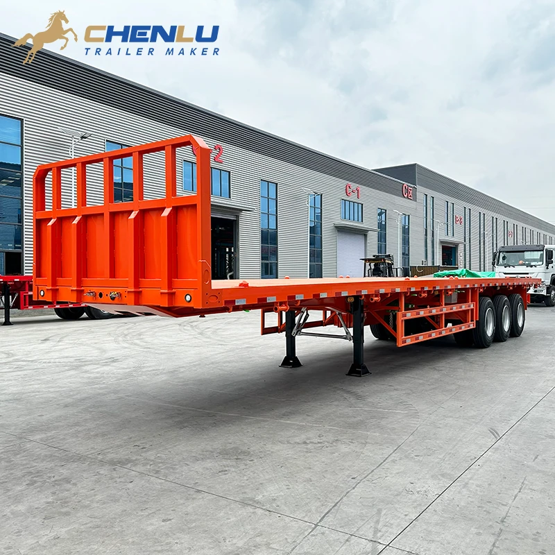 Orange flatbed loading platform with open sides and no upright side stakes