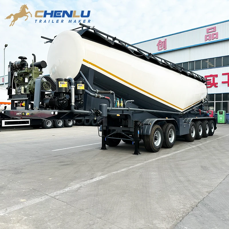 Six-axle powder tanker semi trailer with a front-mounted engine and compressor, two forward axles and four rear axles