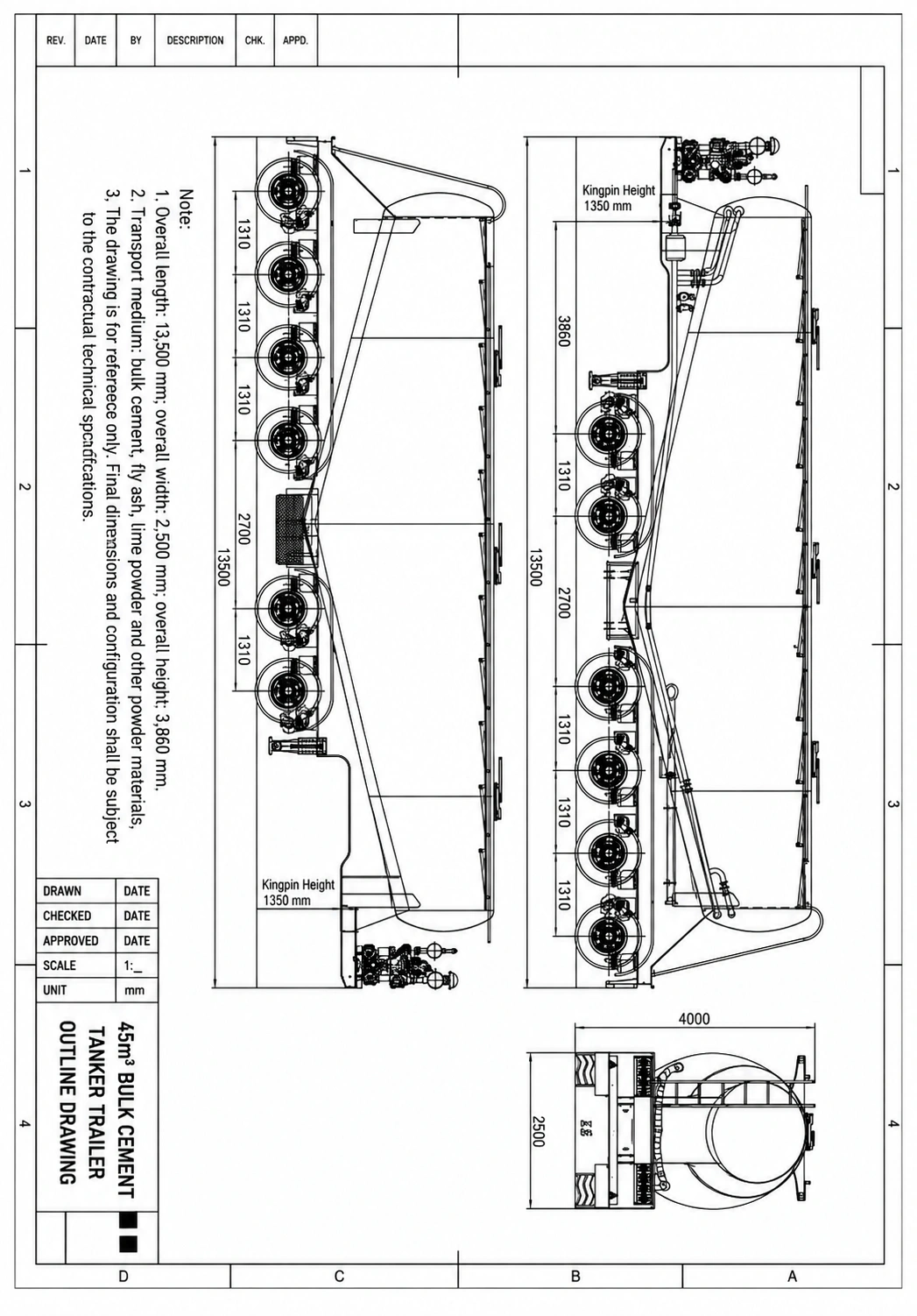 Reference 45 cubic metre six-axle bulk cement tanker outline with side, plan and end views