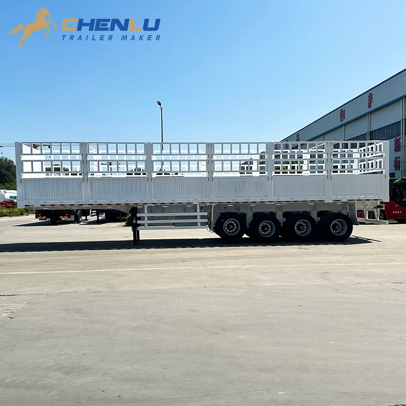 Side profile of the white four-axle fence cargo trailer