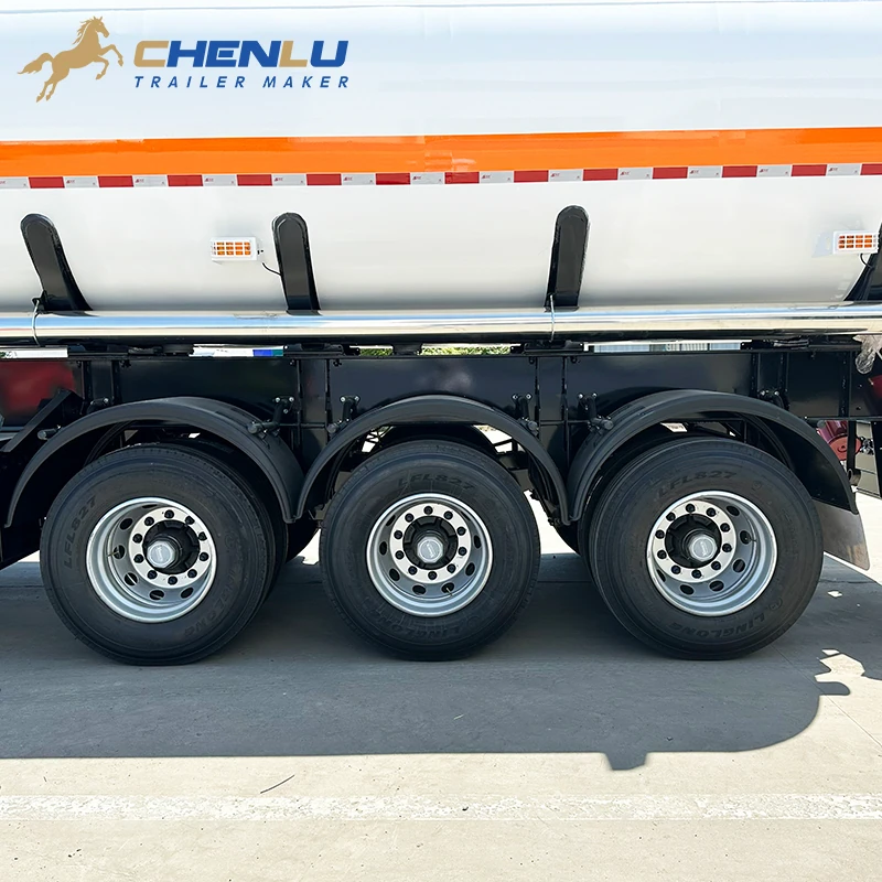 Three rear axles beneath the 40 cubic metre fuel tanker trailer