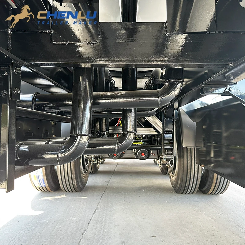 Under-deck pipework routed within the chassis of the three-axle fuel tanker semi trailer