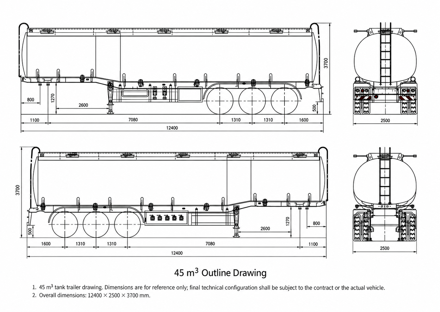 45 cubic metre three-axle fuel tanker semi trailer reference drawing
