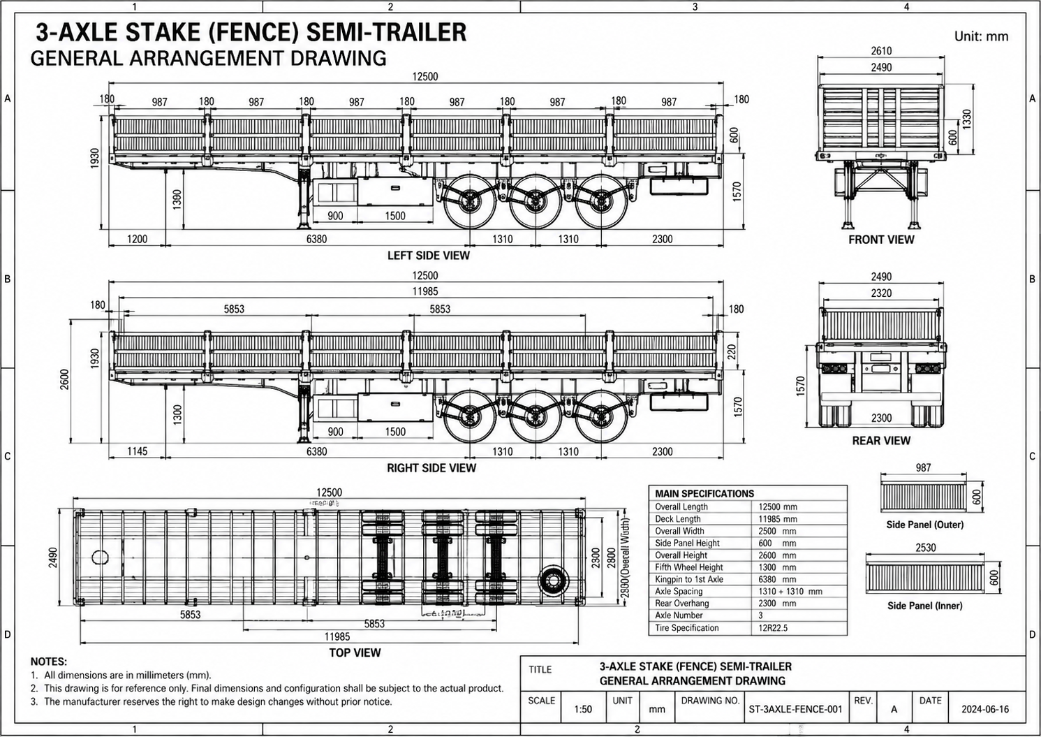General arrangement drawing of a 3 axle stake fence semi trailer