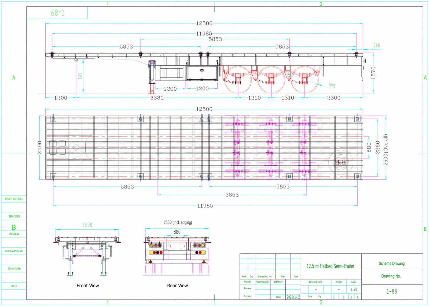 Dimension drawing of the 60 ton three-axle flatbed semi trailer with side top front and rear views