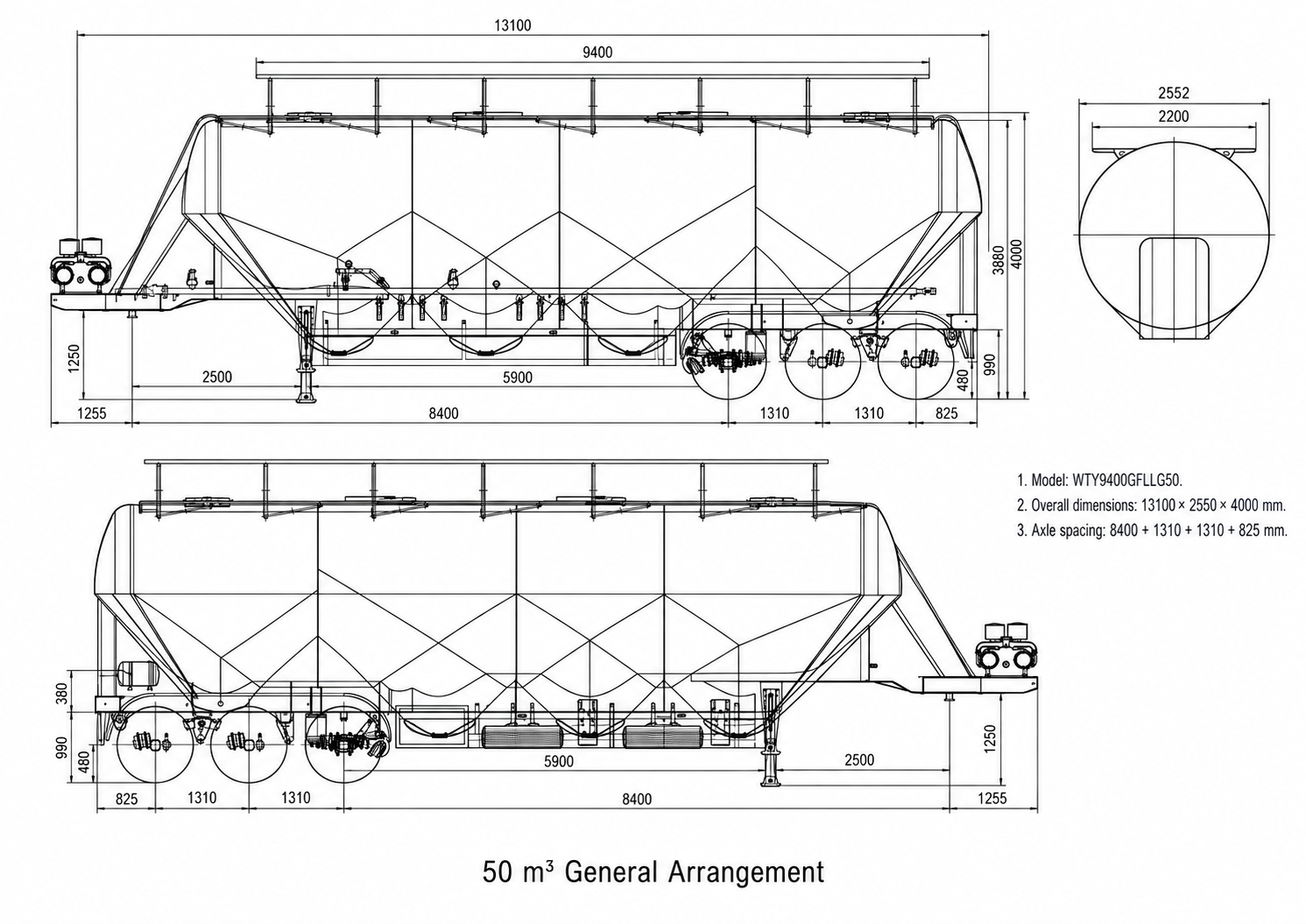 50 cubic metre four-axle bulk cement tanker trailer specification view