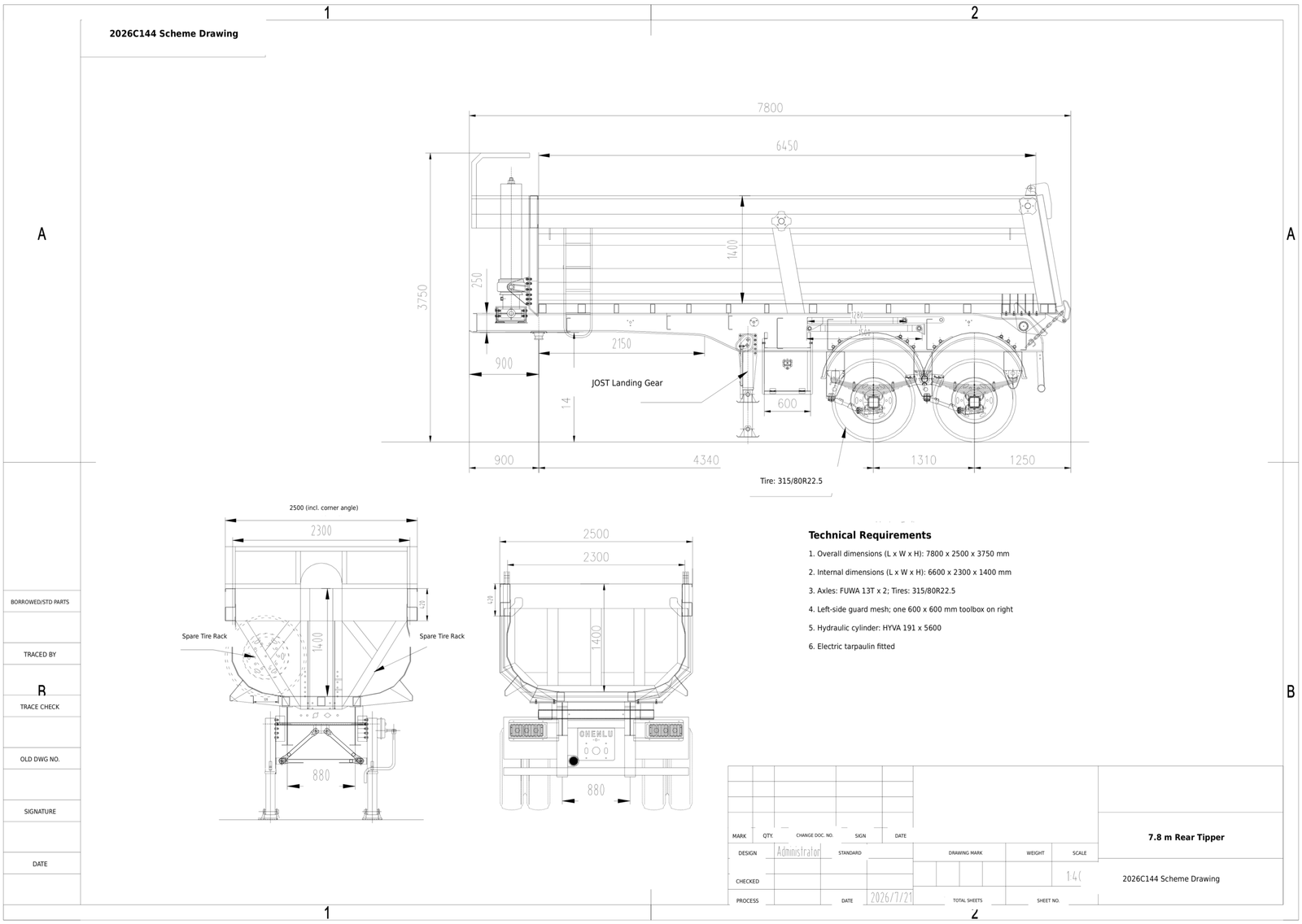 CHENLU 2 axle rear dump semi trailer technical drawing showing side, front and rear views with dimensions