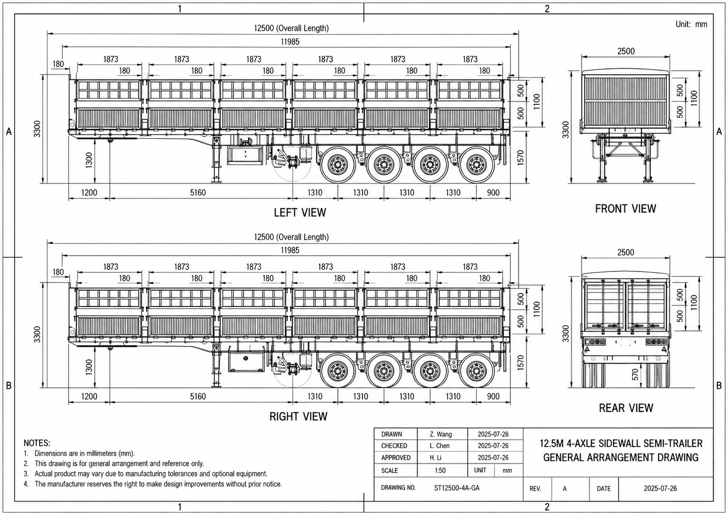 13 m 5 axle fence cargo semi trailer drawing with segmented sidewall body