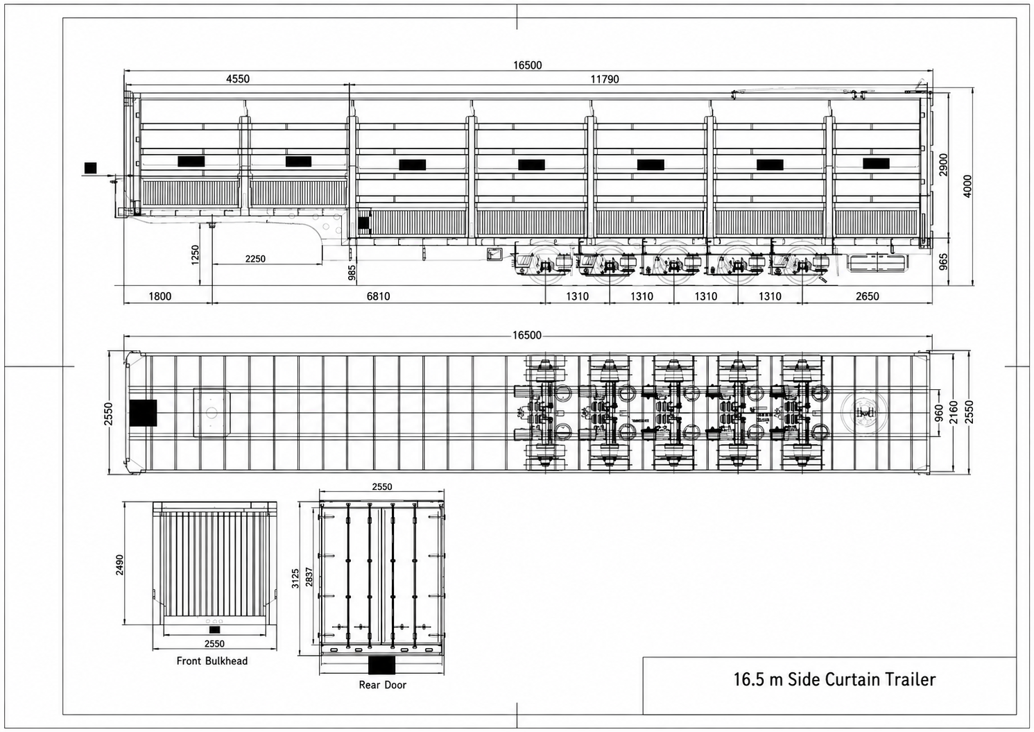 16.5 m five-axle curtain side semi-trailer general arrangement drawing with side, top, front and rear views