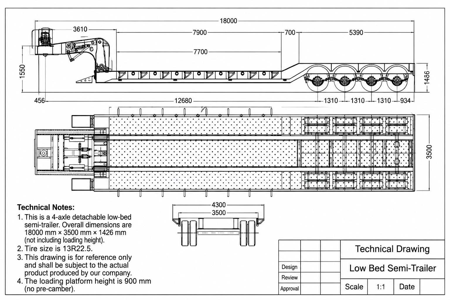 Side and top drawing of a four-axle detachable gooseneck lowbed trailer