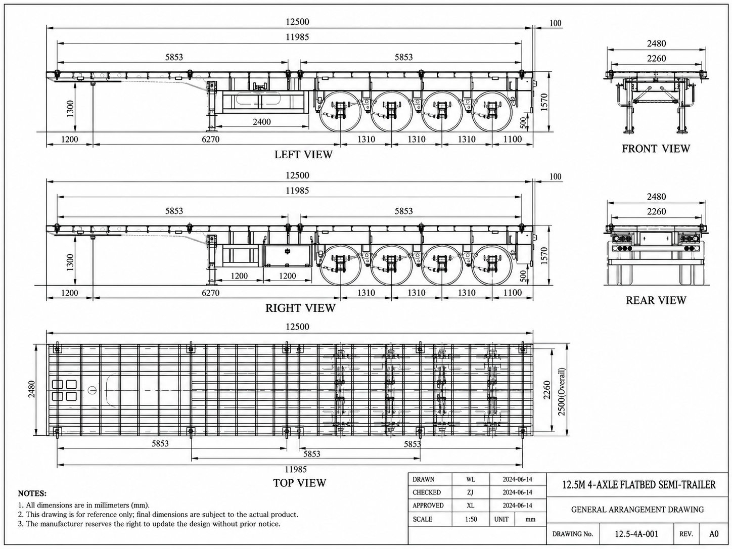 4 axle flatbed semi trailer drawing with dimensions and axle layout