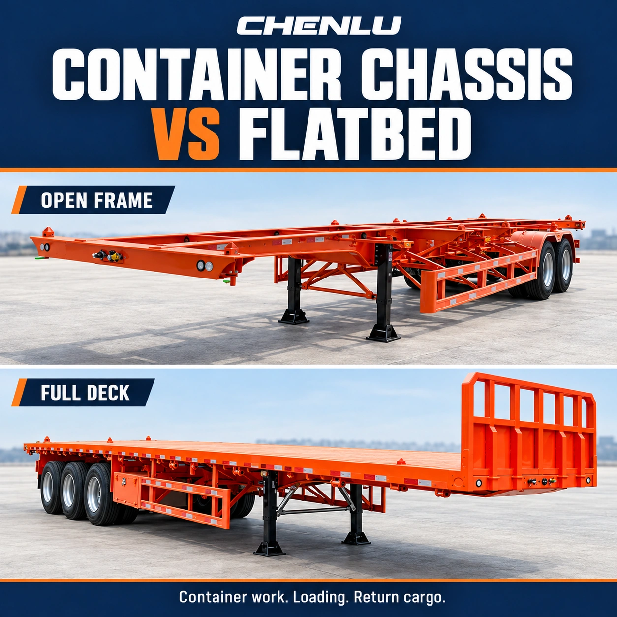 Container chassis versus flatbed article cover showing an orange open-frame chassis and an orange full-deck flatbed