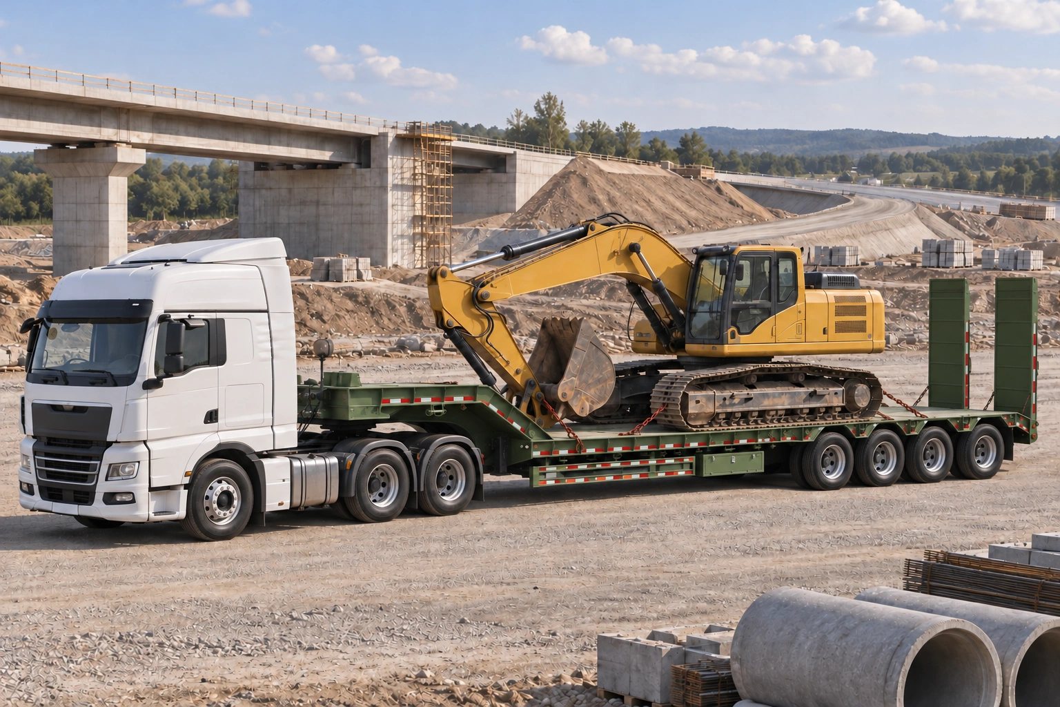 Excavator carried on a lowbed semi-trailer at a construction site