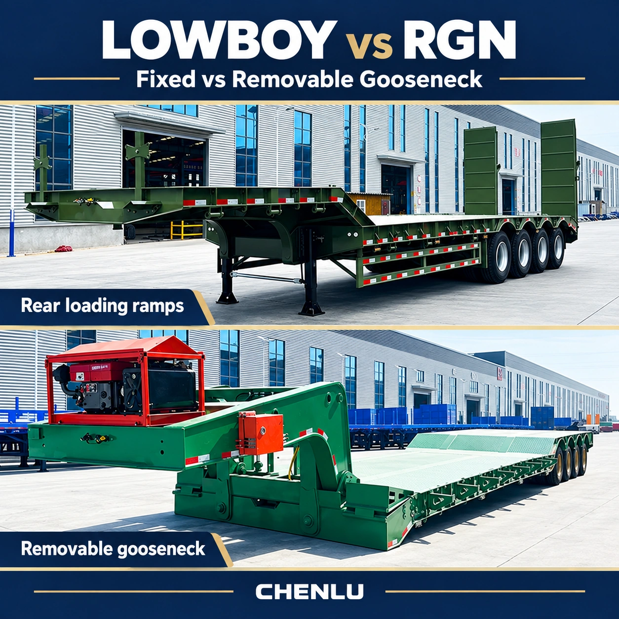 CHENLU fixed-gooseneck lowboy and removable-gooseneck RGN trailer comparison cover