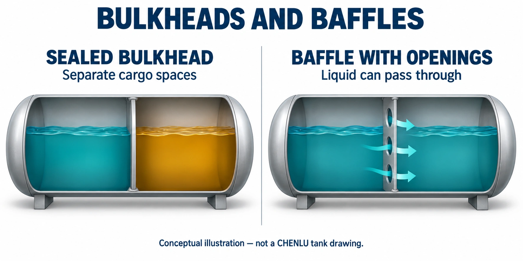 Conceptual comparison of a sealed bulkhead separating two cargo spaces and a baffle with openings that let liquid pass