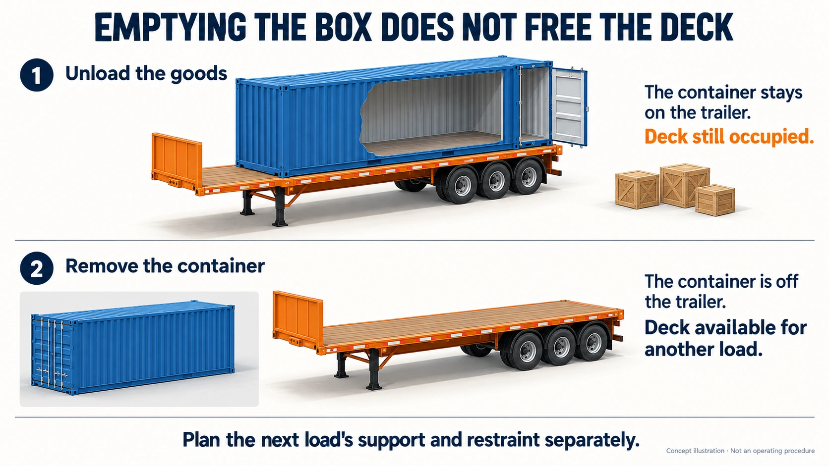 Concept illustration contrasting an emptied container still on a flatbed with a clear deck after the container is removed